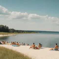 Ludzie odpoczywają na piaszczystej plaży w **Ostrzyce Park**. Woda jest spokojna, a niebo błękitne z białymi chmurami.