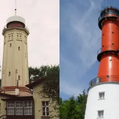 Dwie latarnie morskie: jasna, zabytkowa, najstarsza latarnia morska w Polsce, i jaskrawo pomarańczowa, nowoczesna.