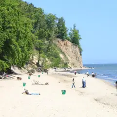 Piękny dzień na kąpieliskach Gdynia. Ludzie spacerują po piaszczystej plaży u podnóża zielonego klifu, ciesząc się słońcem i morzem.