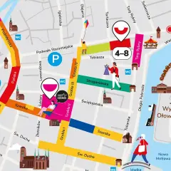 Mapa Jarmarku Dominikańskiego w Gdańsku. Kolorowe ulice, ikony atrakcji i budynków.