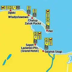 Mapa wybrzeża od Łeby do Krynica Morska. Widać zakazy wprowadzania psów, kosze na śmieci i toalety.