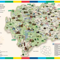 Mapa Kaszub z zaznaczonymi szlakami rowerowymi, kajakowymi i pieszymi. Idealne miejsce na **Kaszuby na weekend**.