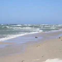 Plaża z falami i wydmami. W oddali widać ludzi spacerujących, co sugeruje, że to miejsce oferuje ciekawe **rowy atrakcje**.