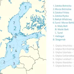 Mapa Bałtyku z zaznaczonymi głębiami. Najgłębsze miejsce to Głębia Landsort (459 m), pokazująca, jak głęboki jest Bałtyk.