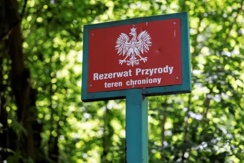 Tablica "Rezerwat Przyrody" z orłem w koronie, wskazująca na chroniony teren w dolinie Huczka.