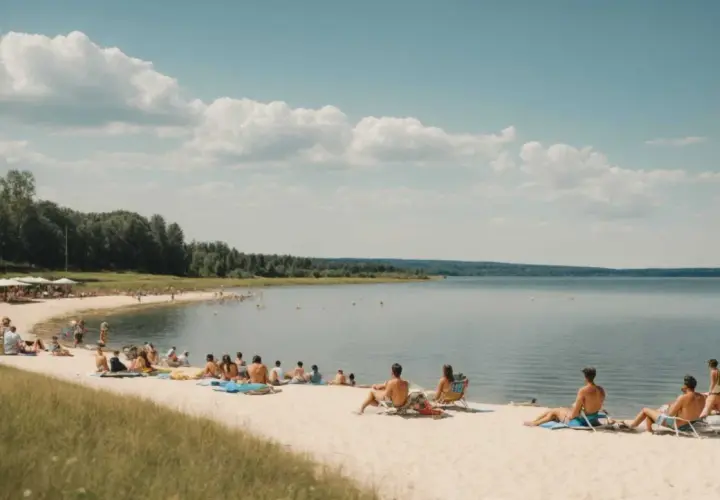 Ludzie odpoczywają na piaszczystej plaży w **Ostrzyce Park**. Woda jest spokojna, a niebo błękitne z białymi chmurami.
