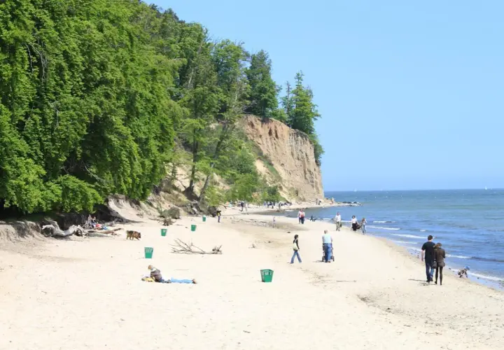 Piękny dzień na kąpieliskach Gdynia. Ludzie spacerują po piaszczystej plaży u podnóża zielonego klifu, ciesząc się słońcem i morzem.