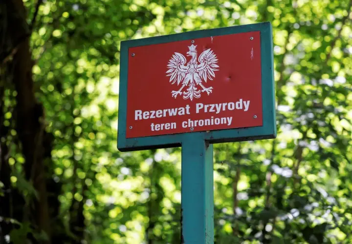 Tablica "Rezerwat Przyrody" z orłem w koronie, wskazująca na chroniony teren w dolinie Huczka.
