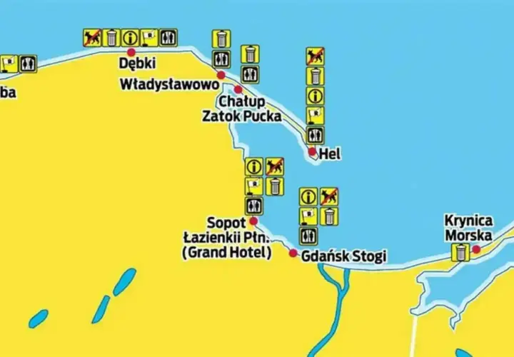Mapa wybrzeża od Łeby do Krynica Morska. Widać zakazy wprowadzania psów, kosze na śmieci i toalety.