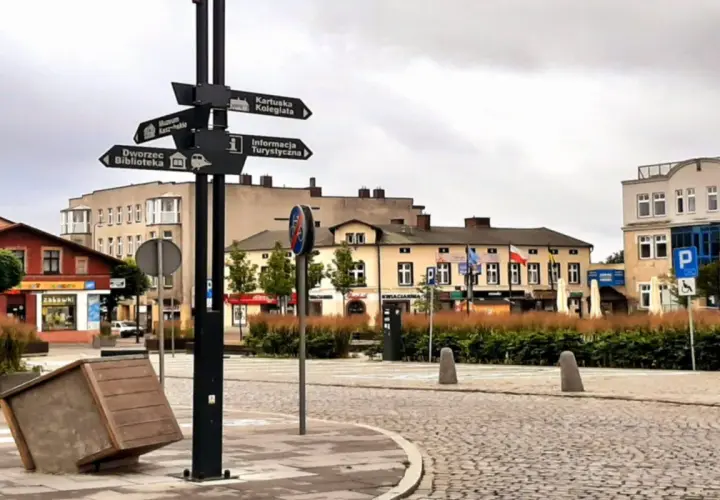Kartuzy rynek z drogowskazami do kolegiaty, muzeum, dworca i informacji turystycznej. Na pierwszym planie przewrócony kosz.