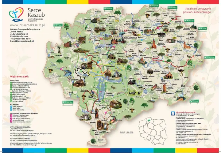 Mapa Kaszub z zaznaczonymi szlakami rowerowymi, kajakowymi i pieszymi. Idealne miejsce na **Kaszuby na weekend**.