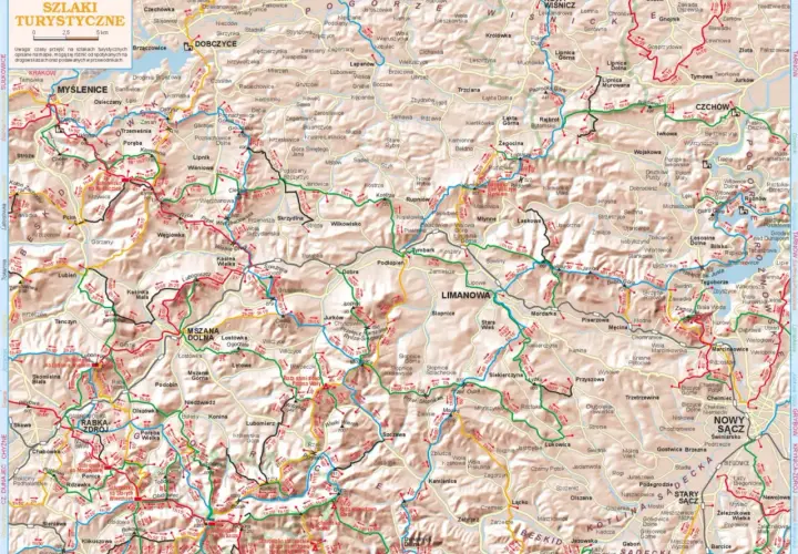 Mapa turystyczna z zaznaczonymi **szlakami** **Trójmiejskiego Parku Krajobrazowego**.