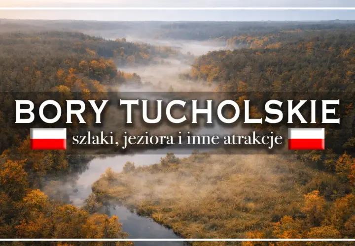 Mglisty poranek nad rzeką w **parku narodowym Bory Tucholskie**. Jesienne drzewa otaczają wodę, tworząc malowniczy krajobraz.