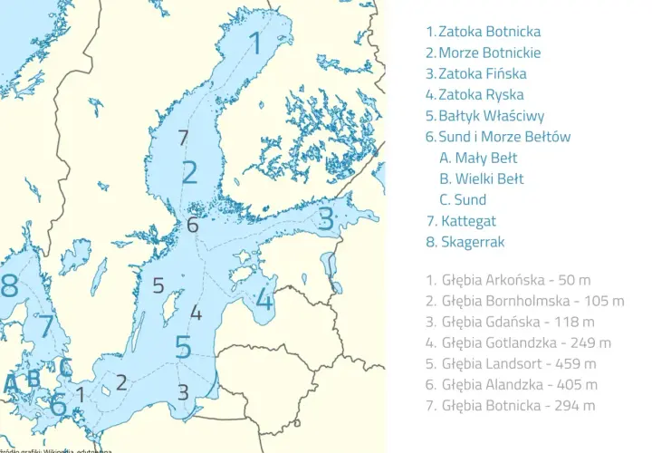 Mapa Bałtyku z zaznaczonymi głębiami. Najgłębsze miejsce to Głębia Landsort (459 m), pokazująca, jak głęboki jest Bałtyk.