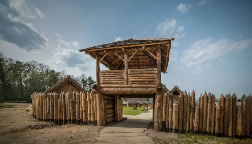 Drewniana wieża strażnicza i palisada. W oddali widać chaty. Sławutowo atrakcje przenoszą w czasy dawnych Słowian.