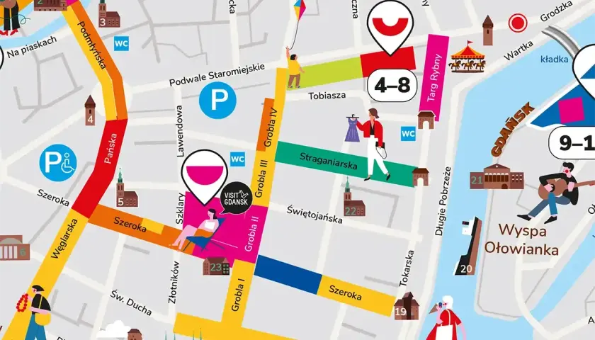 Mapa Jarmarku Dominikańskiego w Gdańsku. Kolorowe ulice, ikony atrakcji i budynków.