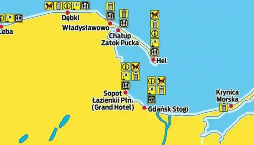 Mapa wybrzeża od Łeby do Krynica Morska. Widać zakazy wprowadzania psów, kosze na śmieci i toalety.