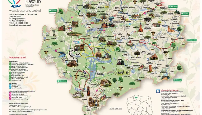 Mapa Kaszub z zaznaczonymi szlakami rowerowymi, kajakowymi i pieszymi. Idealne miejsce na **Kaszuby na weekend**.