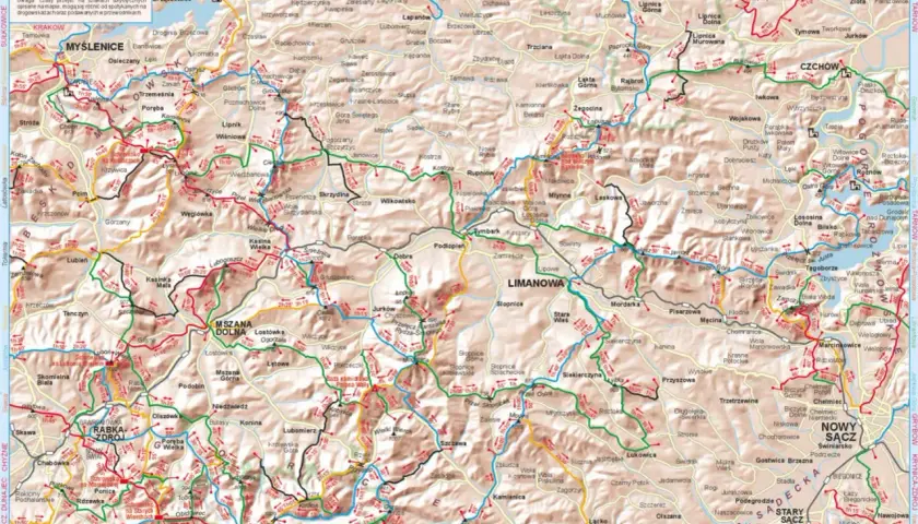 Mapa turystyczna z zaznaczonymi **szlakami** **Trójmiejskiego Parku Krajobrazowego**.