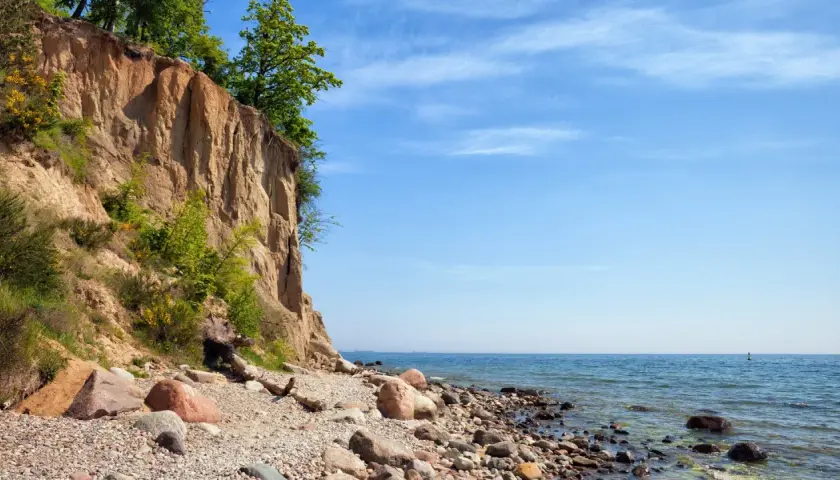 Klif Orłowski z zielenią na szczycie i kamienistą plażą u podnóża. Błękitne niebo i spokojne morze.