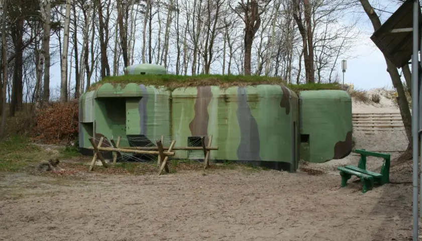 Bunkier z zielonym kamuflażem, porośnięty trawą, na piaszczystym terenie, otoczony drzewami.