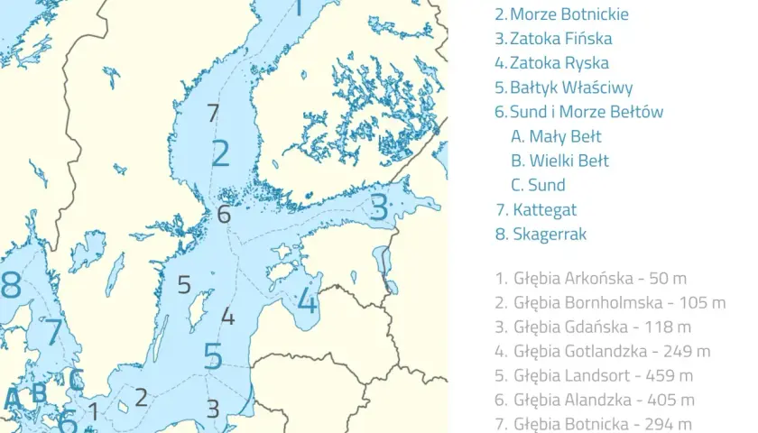 Mapa Bałtyku z zaznaczonymi głębiami. Najgłębsze miejsce to Głębia Landsort (459 m), pokazująca, jak głęboki jest Bałtyk.