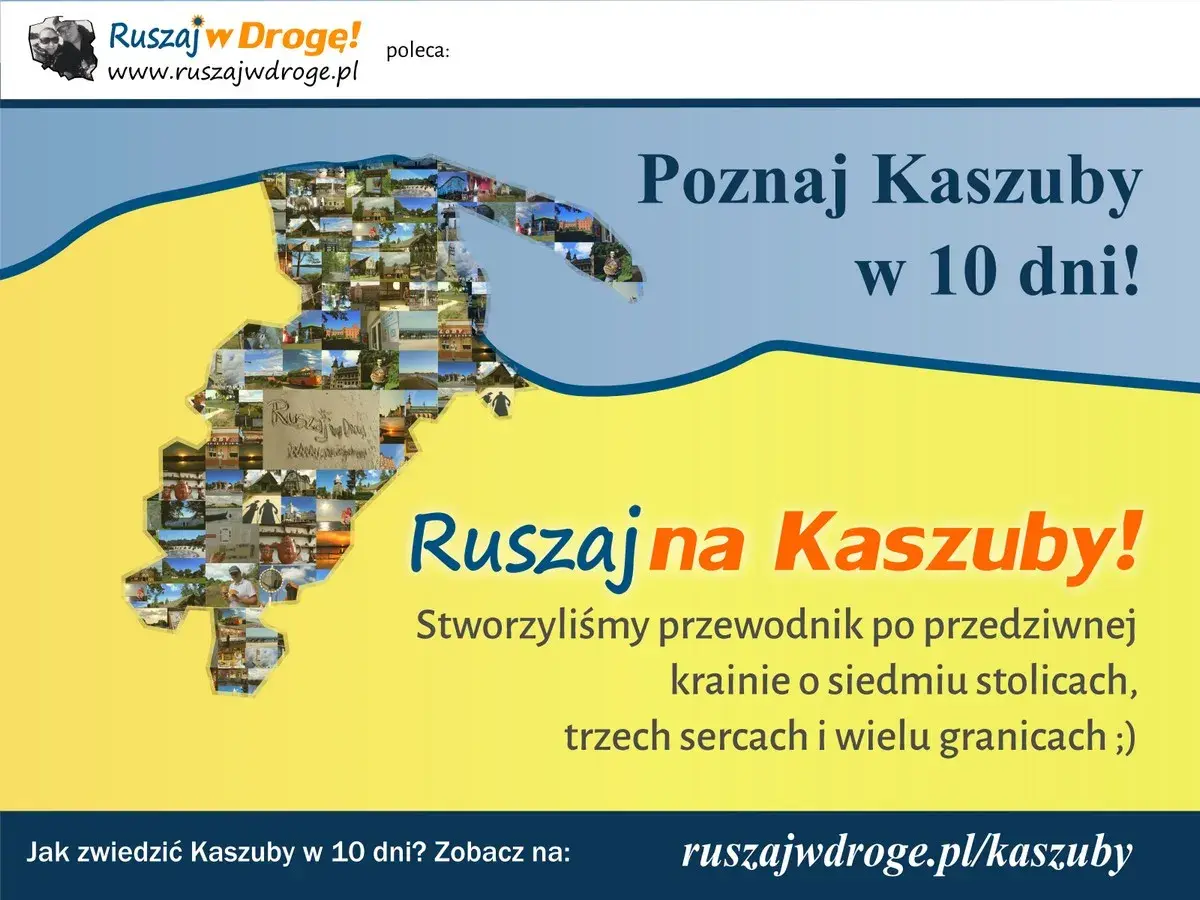 Mapa Kaszub złożona z wielu zdjęć ukazuje malownicze **kaszubskie miejscowości**. Przewodnik "Poznaj Kaszuby w 10 dni!" zaprasza do odkrywania regionu.