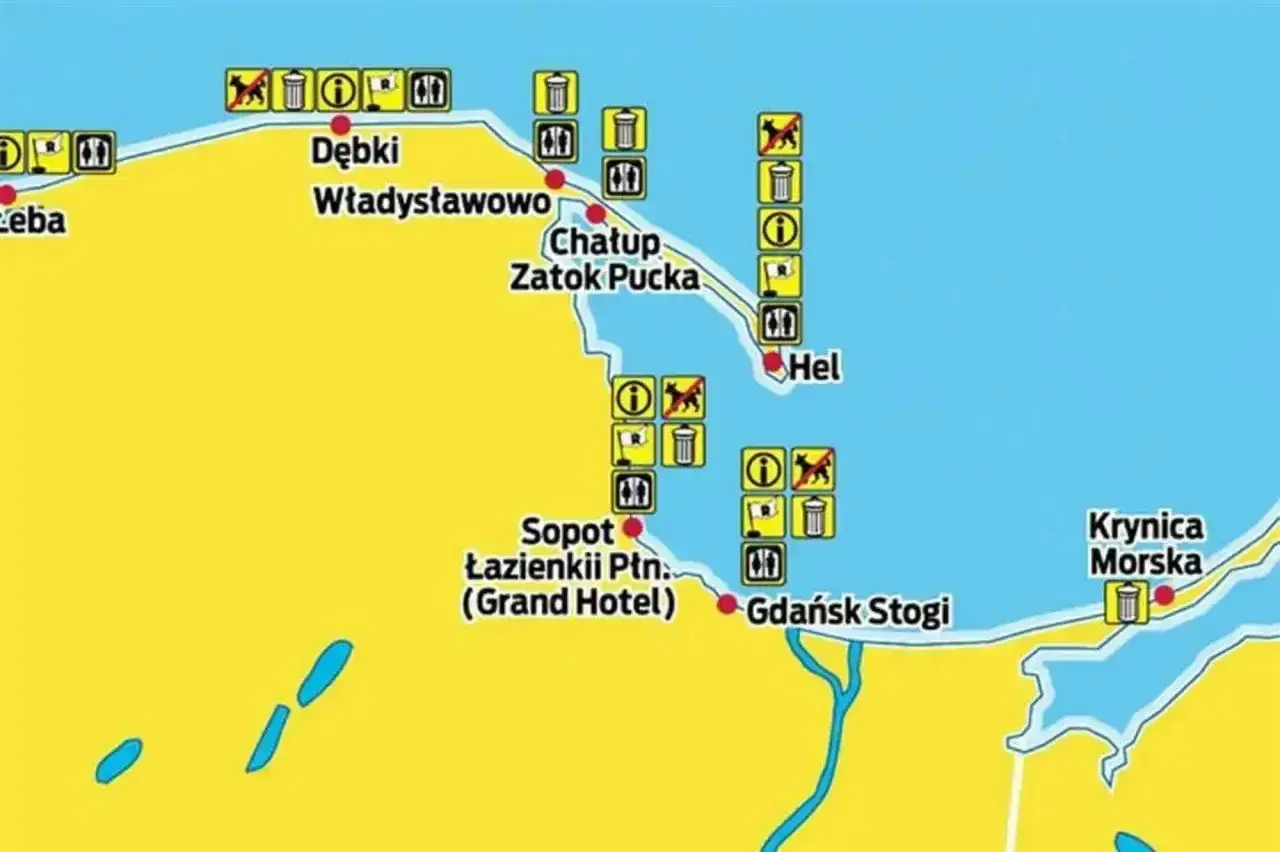 Mapa wybrzeża od Łeby do Krynica Morska. Widać zakazy wprowadzania psów, kosze na śmieci i toalety.