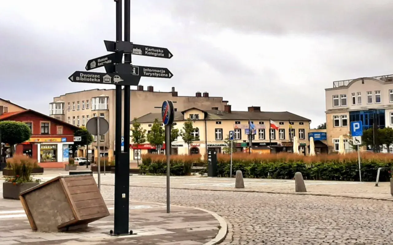 Kartuzy rynek z drogowskazami do kolegiaty, muzeum, dworca i informacji turystycznej. Na pierwszym planie przewrócony kosz.