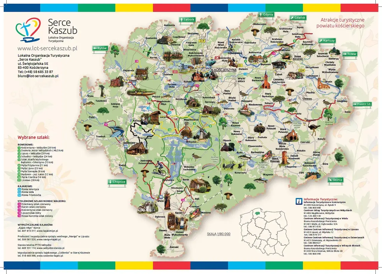 Mapa Kaszub z zaznaczonymi szlakami rowerowymi, kajakowymi i pieszymi. Idealne miejsce na **Kaszuby na weekend**.