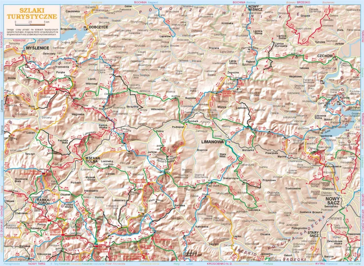 Mapa turystyczna z zaznaczonymi **szlakami** **Trójmiejskiego Parku Krajobrazowego**.