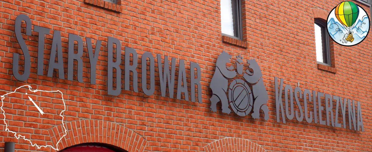 Stary Browar w Kościerzynie. Dwa niedźwiedzie trzymają beczkę piwa. Nad budynkiem balon z kuflem piwa.