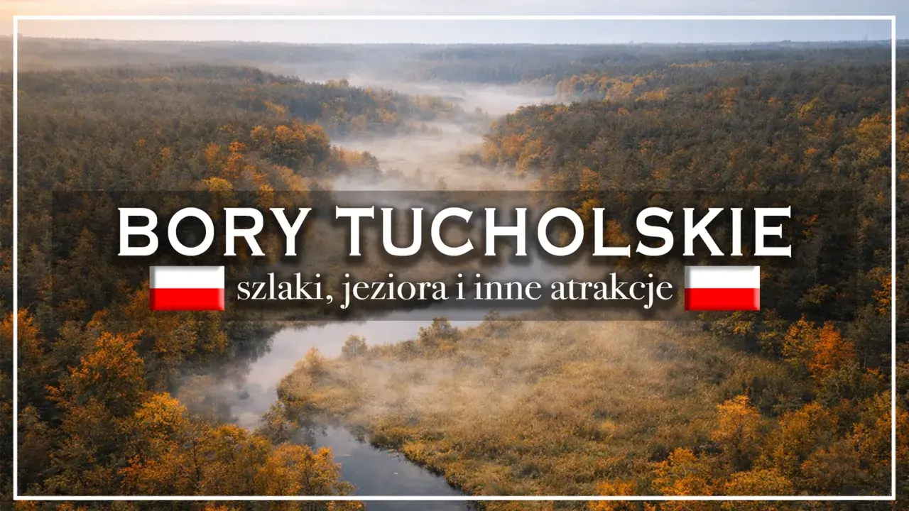 Mglisty poranek nad rzeką w **parku narodowym Bory Tucholskie**. Jesienne drzewa otaczają wodę, tworząc malowniczy krajobraz.