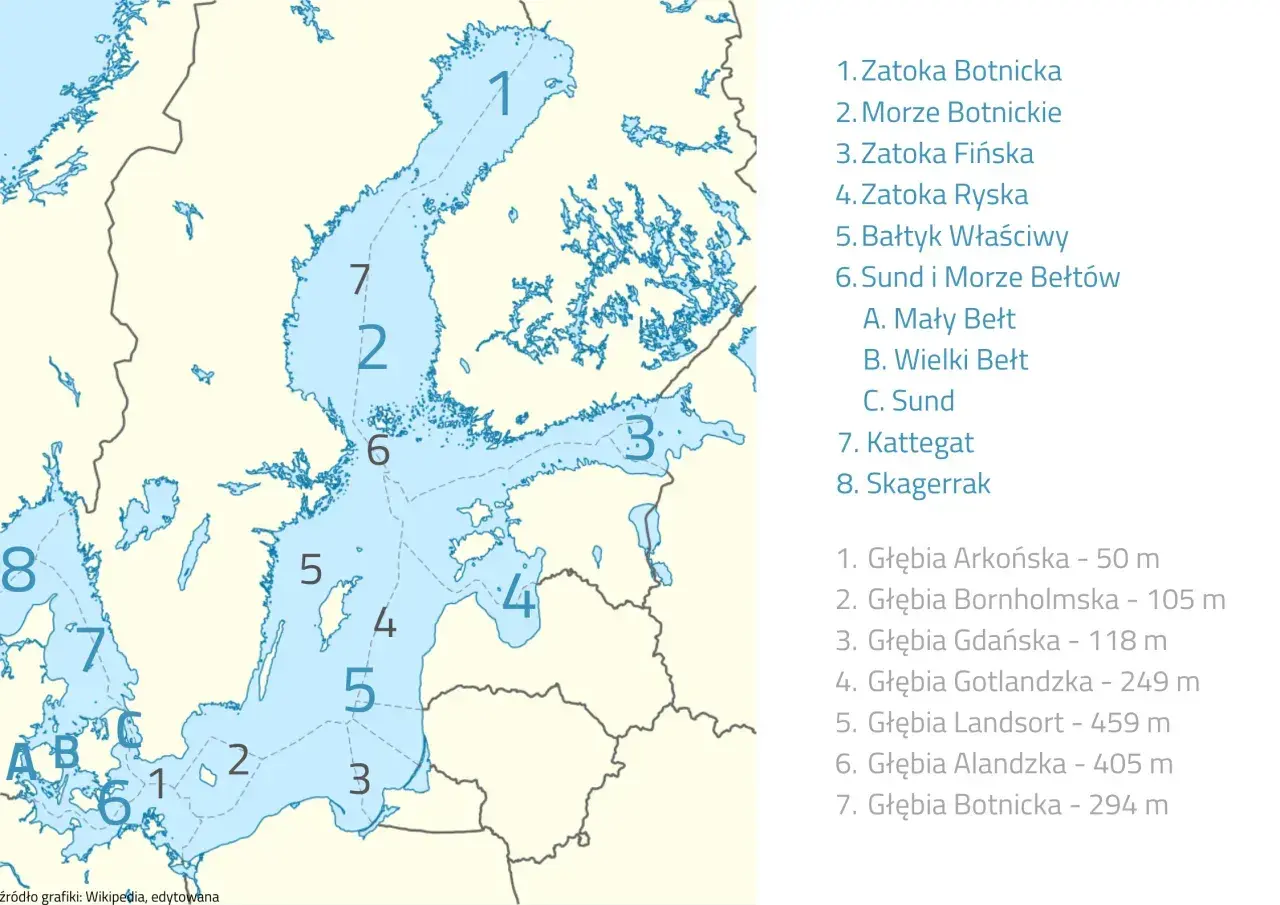 Mapa Bałtyku z zaznaczonymi głębiami. Najgłębsze miejsce to Głębia Landsort (459 m), pokazująca, jak głęboki jest Bałtyk.