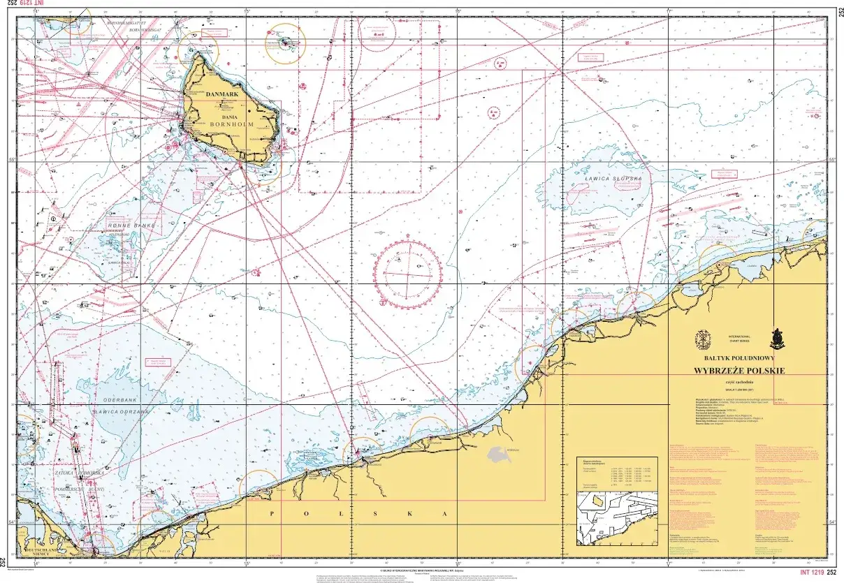 Mapa nawigacyjna Bałtyku Południowego, Wybrzeże Polskie. Pokazuje głębokość Bałtyku, wyspę Bornholm i linie żeglugowe.