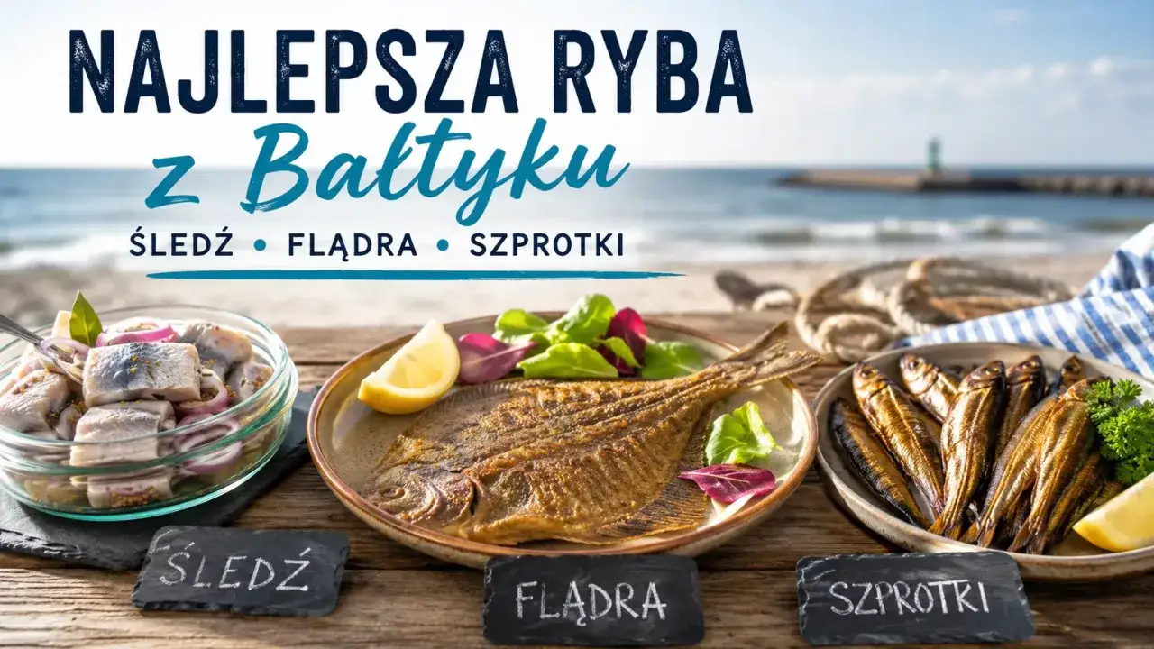 Śledź, flądra i szprotki &ndash; jakie ryby łowi się w Bałtyku? Smaczne dania rybne na tle plaży.