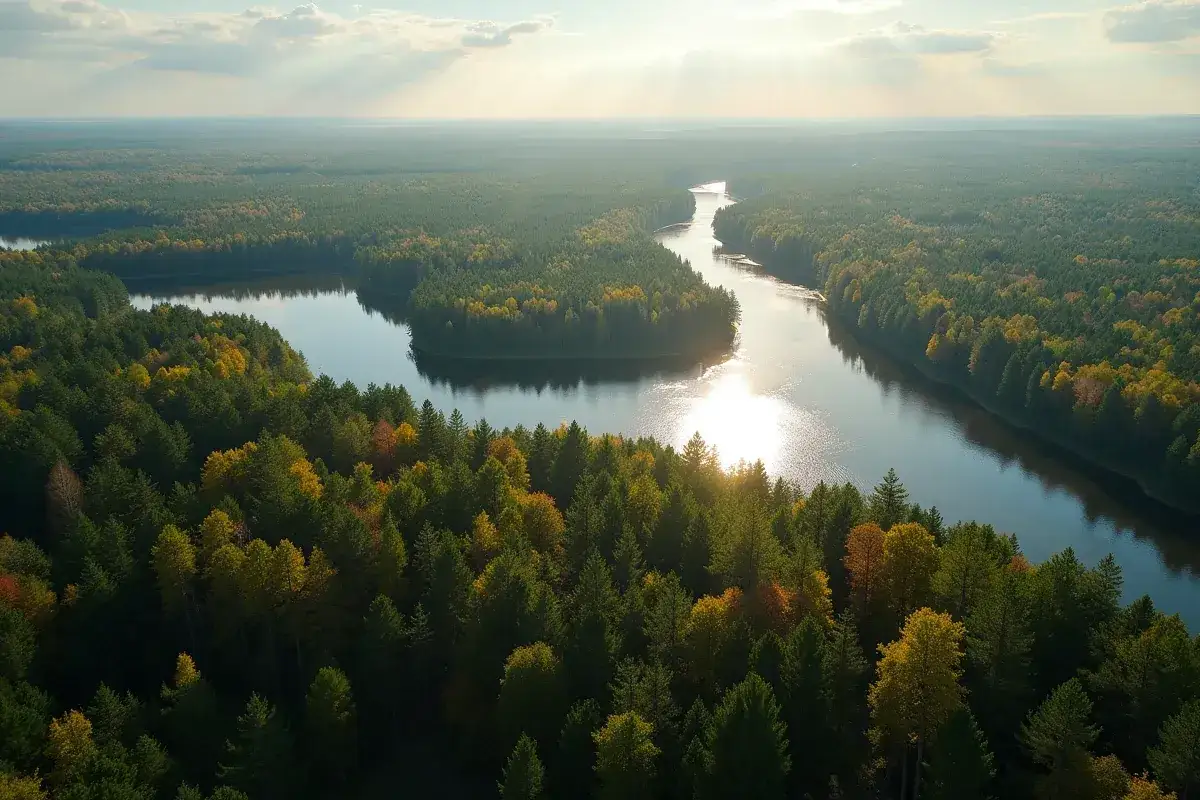 Malowniczy krajobraz z rzeką wijącą się przez lasy. Czersk atrakcje przyrodnicze zachwycają o każdej porze roku.