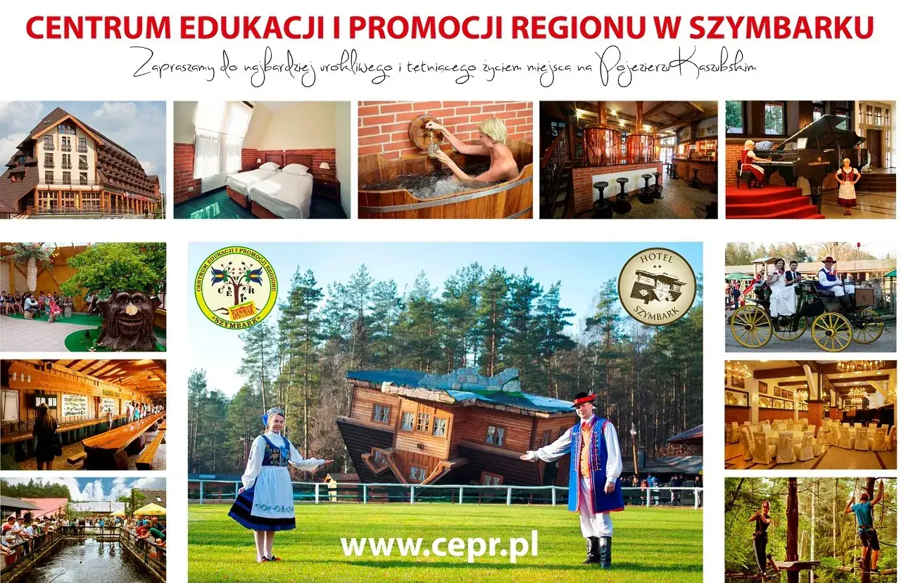 Szymbark atrakcje: hotel, karczma, dom do góry nogami, kąpiel w balii, koncert fortepianowy, przejażdżka bryczką, park linowy.