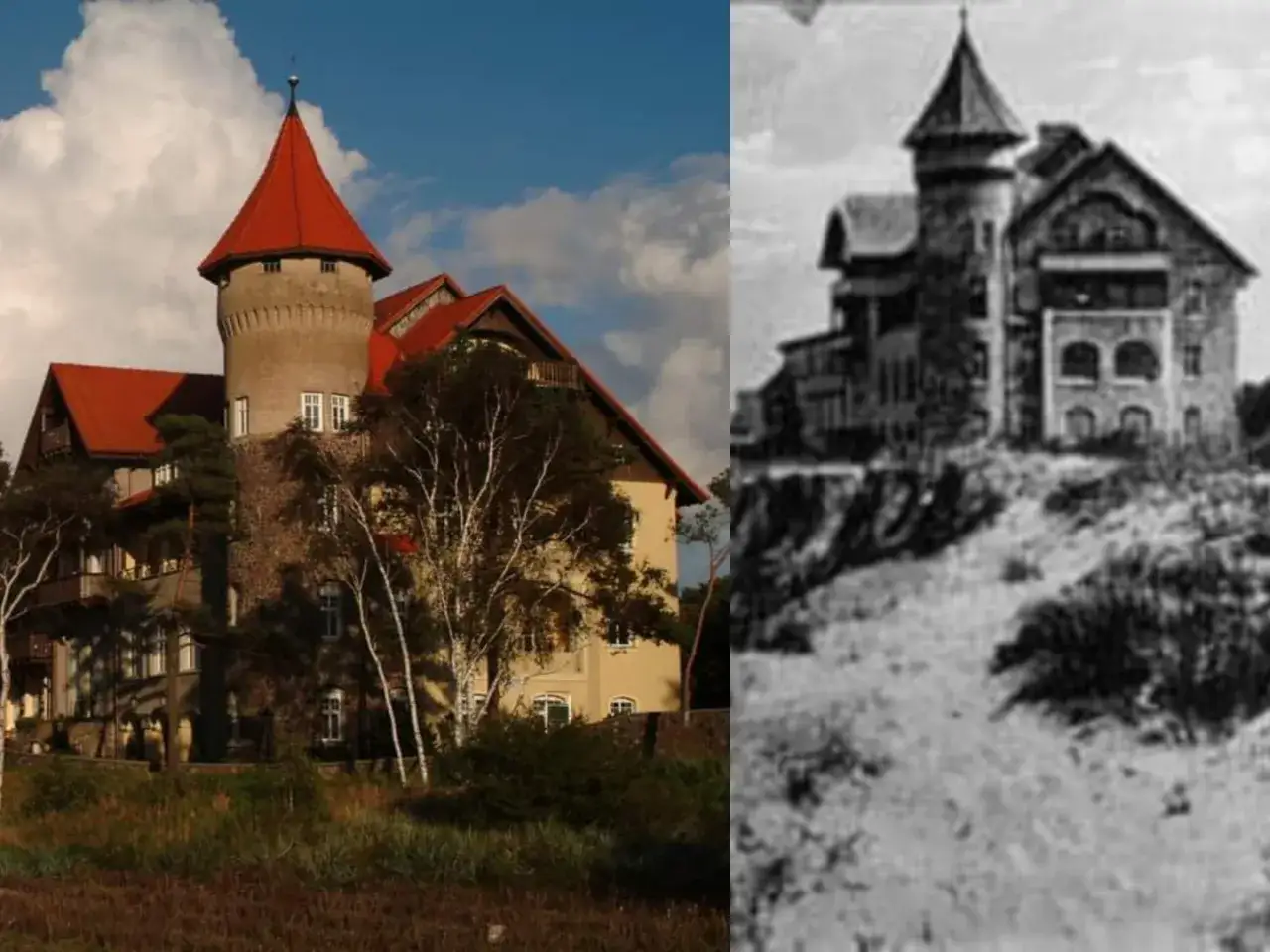 Zamek w Łebie, dawniej willa, dziś hotel. Po lewej współczesny widok, po prawej historyczna fotografia.