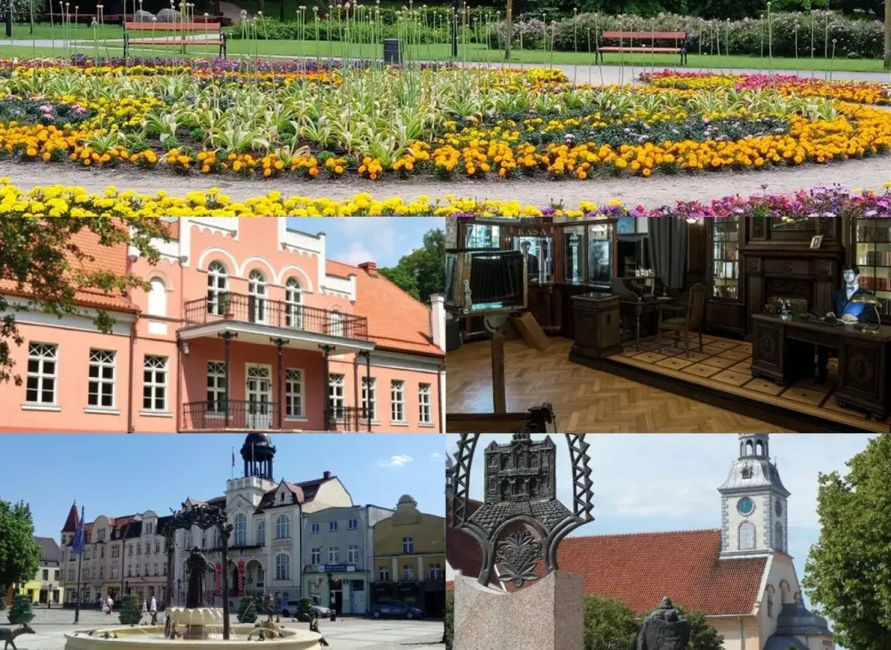 Kwiaty, różowy budynek, wnętrze starego gabinetu, rynek w Wejherowie z ratuszem i kościołem.