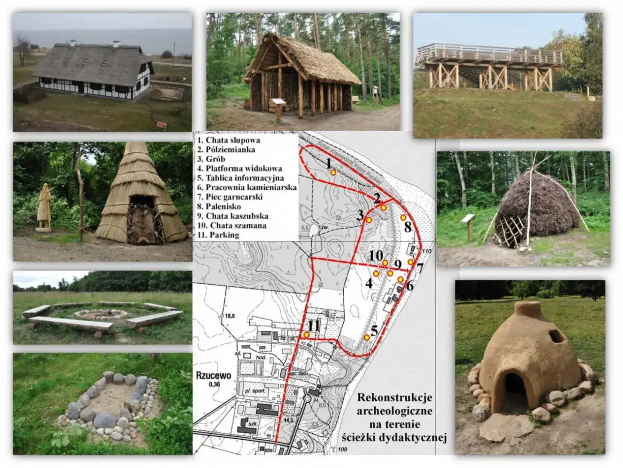 Rekonstrukcje archeologiczne na terenie ścieżki dydaktycznej, ukazujące osadę łowców fok z chatami, paleniskiem i piecem garncarskim.