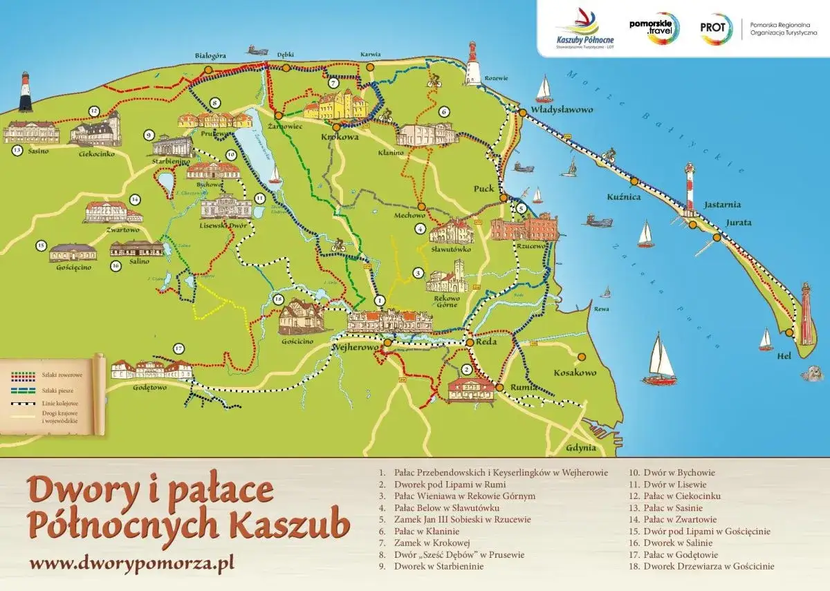 Mapa turystyczna prezentująca dwory i pałace na Kaszubach P&oacute;łnocnych, z zaznaczonymi szlakami rowerowymi, pieszymi i kolejowymi.