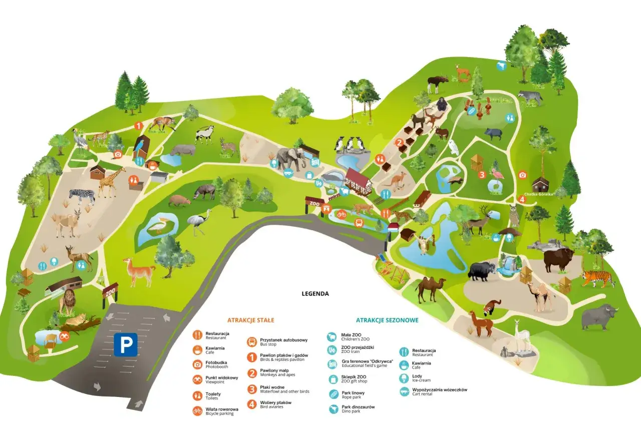 Mapa Parku Oliwskiego z zaznaczonymi zwierzętami, atrakcjami i infrastrukturą. Zobacz, gdzie są lwy, żyrafy i wielbłądy!