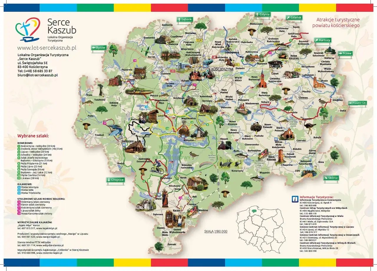 Mapa turystyczna Kaszub z zaznaczonymi miejscowościami, szlakami rowerowymi, kajakowymi i pieszymi.